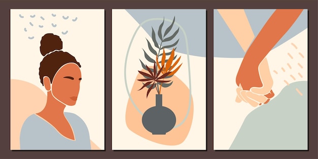 Vector meisje en plant postercollectie minimalistische abstracte boho vrouw portret set