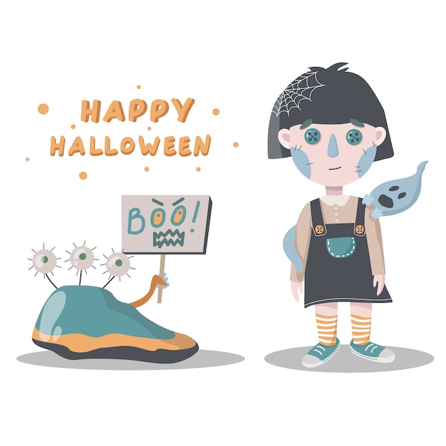 Vector meisje en spook halloween-kaart