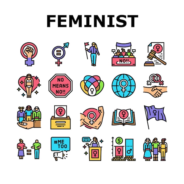 Meisje feminisme vrouwelijke vrouw macht pictogrammen instellen vector