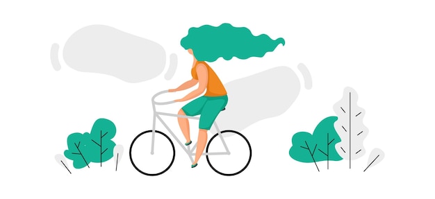 Meisje fietsen in het park Leuke vrouw trainen en reizen met de fiets Actieve gezonde levensstijl Fietsersport activiteit Outdoor recreatie Gelukkige vrouwelijke personage rijden fiets Vector fietsen
