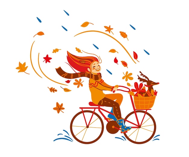 Meisje fietst met haar hond in het herfstpark. Herfst stemming. Vector illustratie.