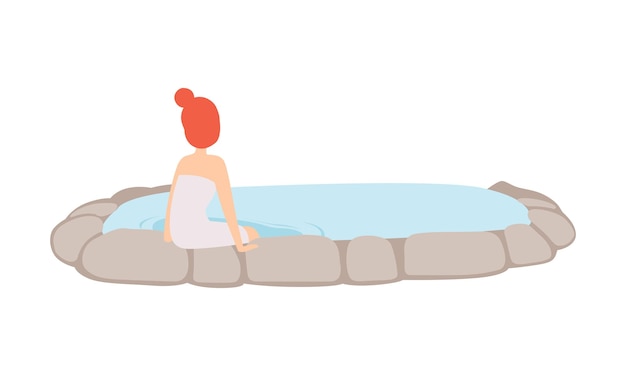 Meisje genieten van buiten thermische lente jonge vrouw in een handdoek ontspannende spa procedure vector illustratie geïsoleerd op een witte achtergrond