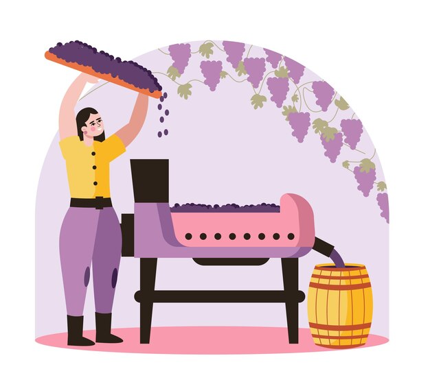 Vector meisje giet druiven op speciale machine wijnbereidingsproces met natuurlijke druiven