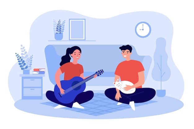 Meisje gitaar spelen en zingen voor man. Man, vrouw en kat zittend op de vloer van huis woonkamer platte vectorillustratie. Hobby, lifestyle-concept voor banner, website-ontwerp of landingswebpagina