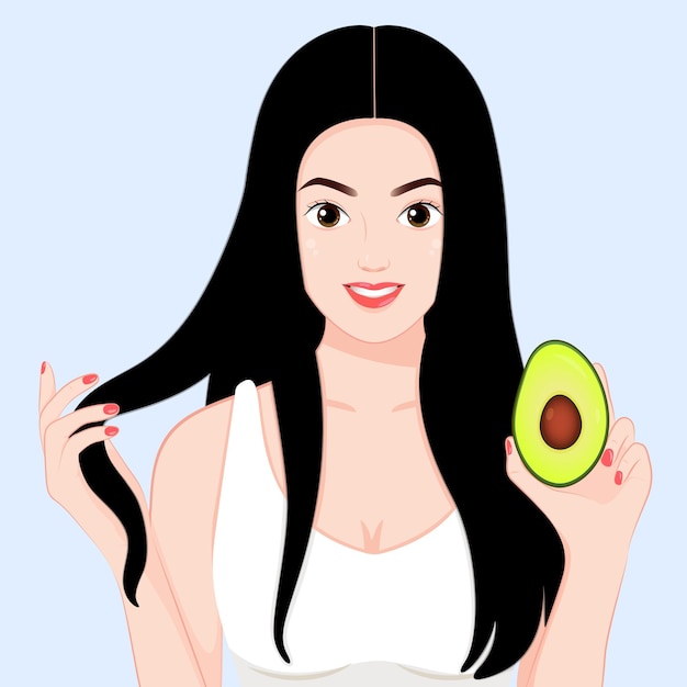 Meisje glimlachend met haar met haar en avocado, promo van shampoo, haarverzorgingsmaskers of conditioner