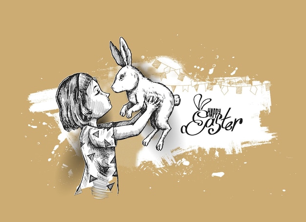 Meisje hand met Easter Bunny Rabbit Hand getrokken schets vectorillustratie