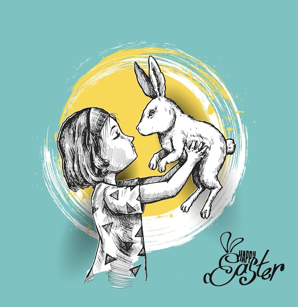 Meisje hand met paashaas konijn, hand getrokken schets vectorillustratie.