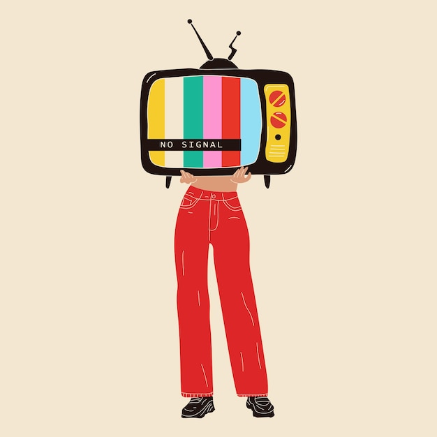 Meisje houdt een oude tv in haar handen. Retro mode-stijl uit de jaren 80. vectorillustraties