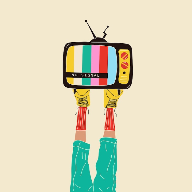 Meisje houdt een oude tv op haar benen. retro mode-stijl uit de jaren 80. vectorillustraties in trendy kleur