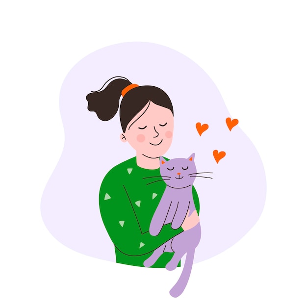 Meisje houdt en knuffelt de kat kinderen puppy's vriendschap vector vlakke stijl cartoon afbeelding