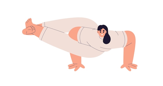 Vector meisje in astavakrasana handbalans yoga pose gelukkige vrouw oefenen in eightangle houding positie stretching en kracht workout platte grafische vector illustratie geïsoleerd op witte achtergrond