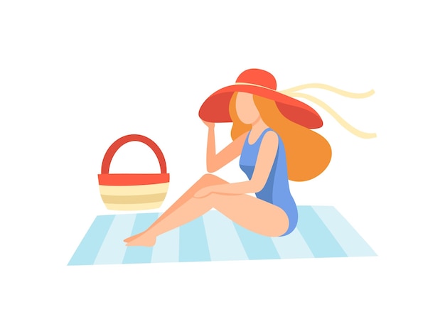 Vector meisje in blauw badpak en rode hoed zonnebaden op strandhanddoek mooie jonge vrouw geniet van zomervakantie aan zee vectorillustratie op witte achtergrond