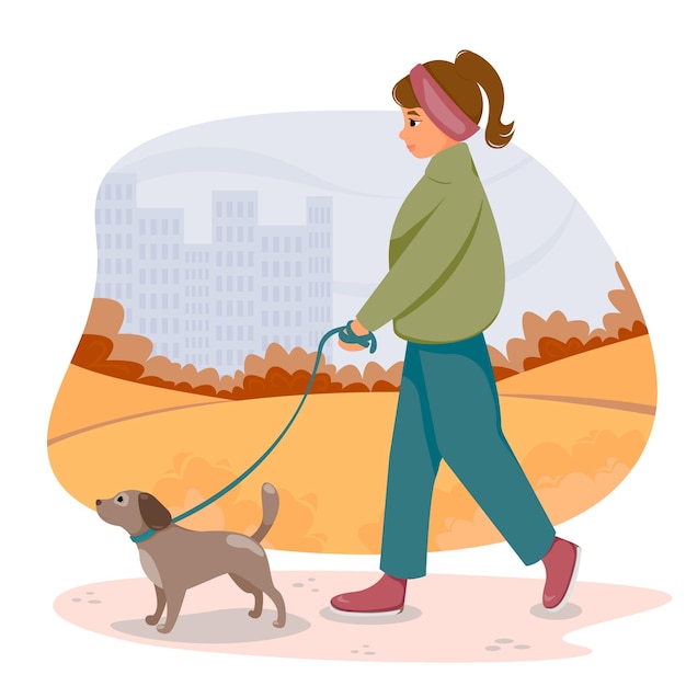 Meisje in jas wandelen met hond aan de leiband in herfst park Vectorillustratie