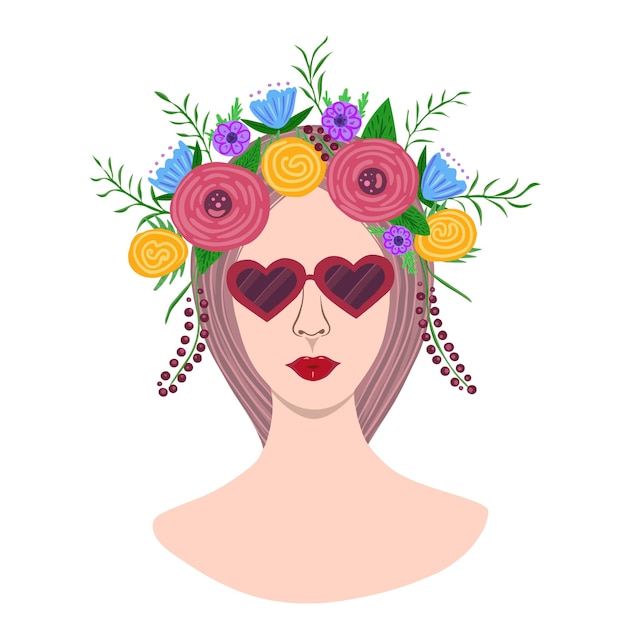 Meisje in zonnebril en bloemen op haar hoofd op witte achtergrond. illustratie voor afdrukken, logo, schoonheidssalon, covers, verpakkingen, wenskaarten, posters, stickers, textiel, seizoensontwerp.