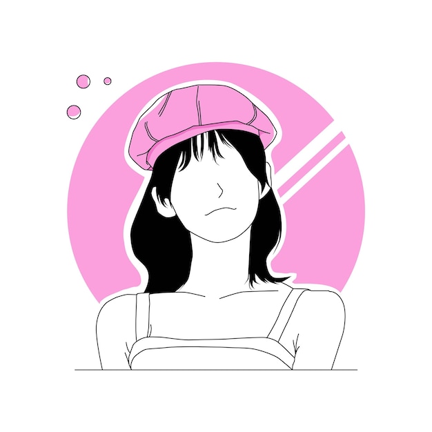 Meisje karakter met schattige hoed lijn kunst illustratie