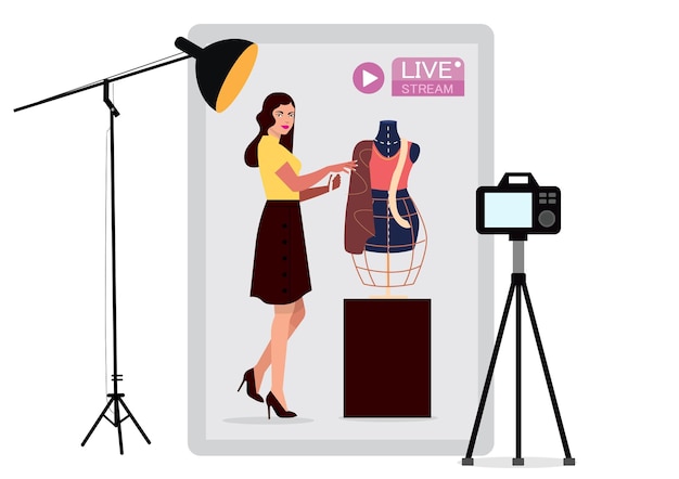 Meisje karakter Streaming Creator Fashion home video blogger kleding vlogger kleding online winkelen inhoud beroemde creatieve fashion influencers platte vector illustratie ontwerp
