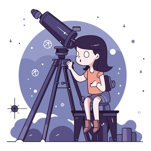 Meisje kijkt door een telescoop in cartoon stijl Astronomie en wetenschap concept