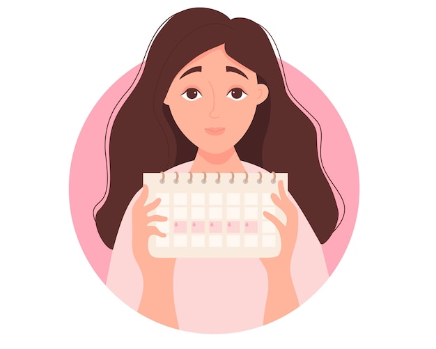 Meisje kijkt naar kalender Vrouwelijke menstruatiekalender Meisje menstruatieconcept en vrouwelijke gezondheid
