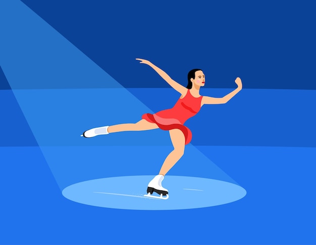 Meisje kunstschaatsster dansen op schaatsen in een lichtstraal Vectorillustratie