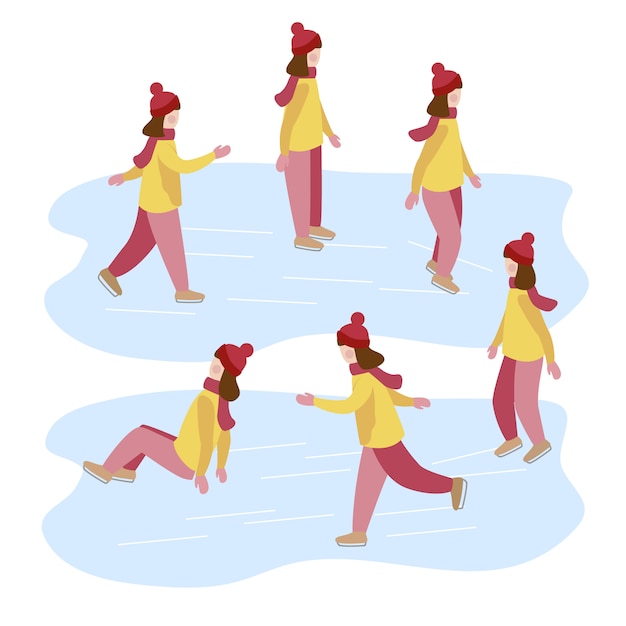 Meisje leert schaatsen. Winteractiviteiten voor kinderen. Moderne platte vectorillustratie.