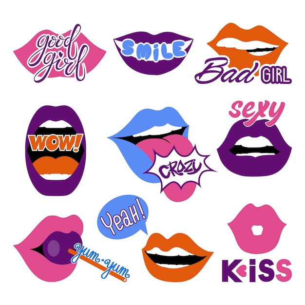 Vector meisje lip en kus sexy mode mond met lettertypen jaren 90 stijl stickers met zinnen vrouw met roze paarse komische lippen heldere kleurrijke badges hete make-up borduurwerk vectorillustratie set