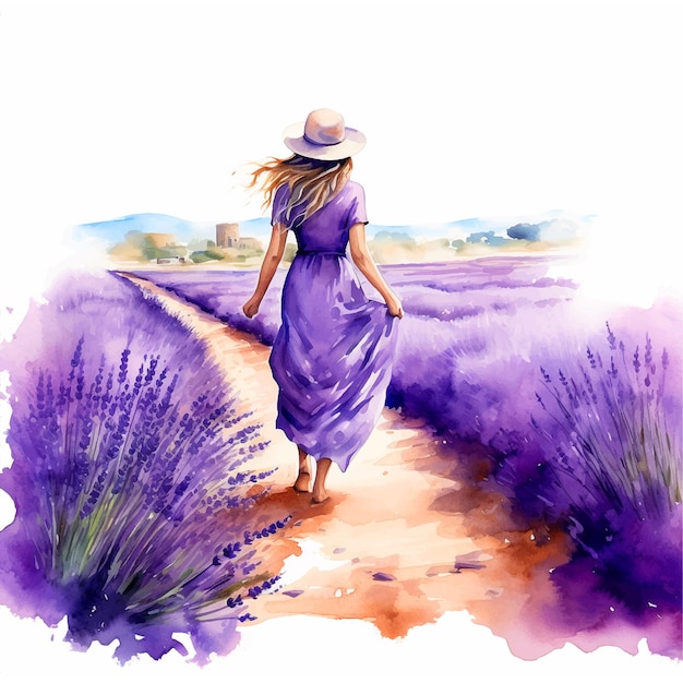 Meisje loopt in lavendelveld aquarel schilderij
