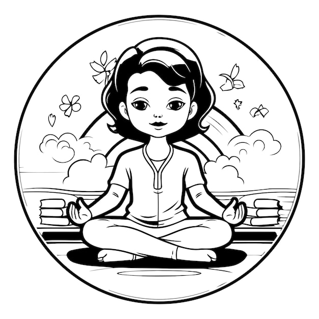 Vector meisje mediteert in de lotuspositie zwarte en witte vectorillustratie