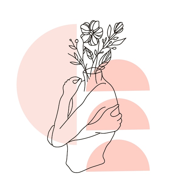 Meisje met bloemen op had body line illustratie vrouw vector illustratie concept