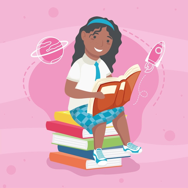 Meisje met boeken op roze achtergrond