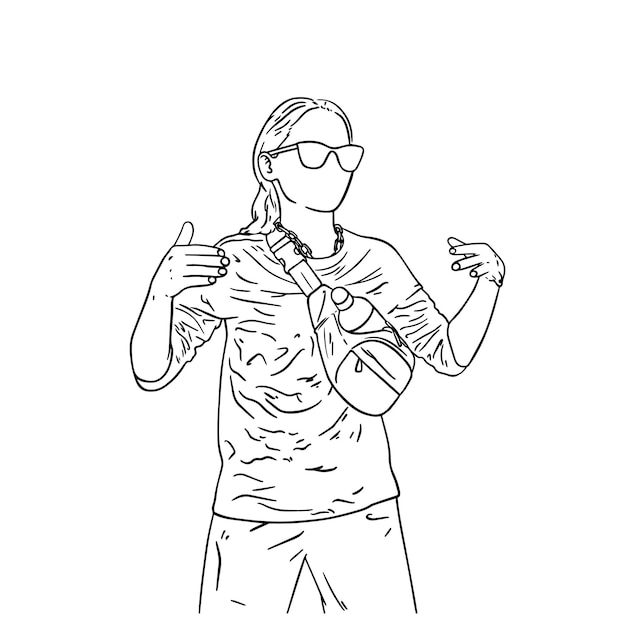 Meisje met bril in een jas met een zak dansen doodle lineaire cartoon kleuren