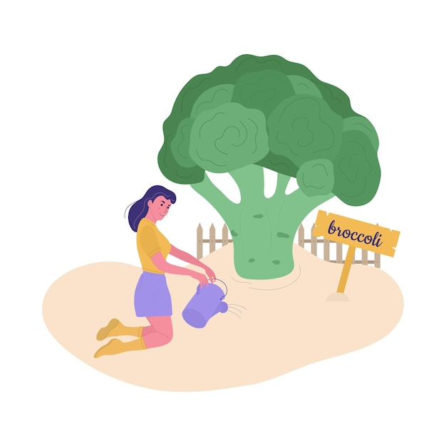 Meisje met een gieter geeft broccoli in de tuin water.