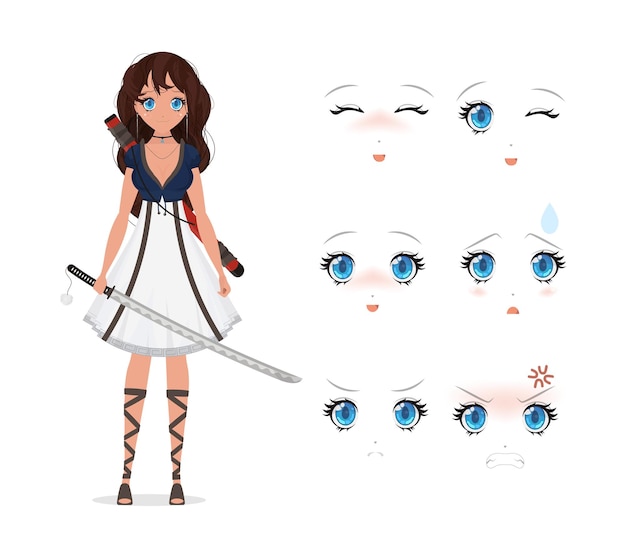 Meisje met een katana in een witte jurk Anime samurai vrouw Emotie constructor Geïsoleerde cartoon stijl vectorillustratie