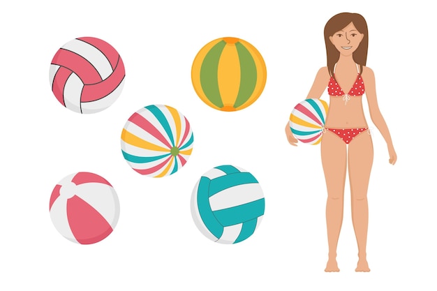 Meisje met een set strandballen. Doodle platte clipart. Alle objecten zijn opnieuw geschilderd.