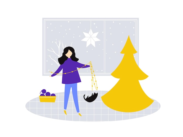 Vector meisje met een slinger die een kerstboom verfraait kat speelt met lichtjes gezellig winters tafereel