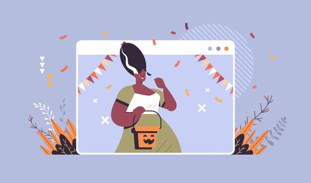 Meisje met emmer met pompoen happy halloween vakantie viering zelfisolatie online communicatie concept webbrowser venster portret horizontale vector illustratie