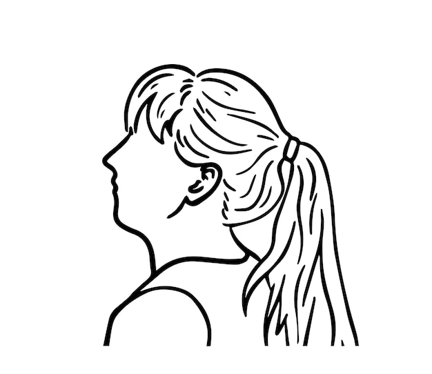 Meisje met gebonden haar in een paardenstaart doodle lineaire cartoon kleurboek