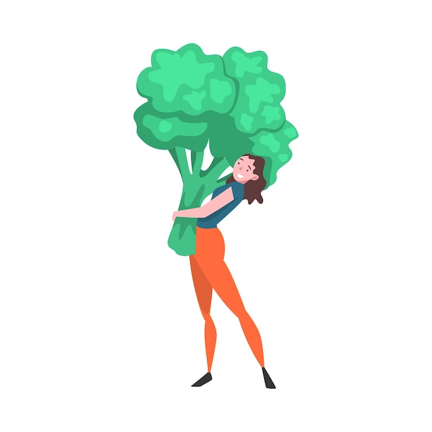 Meisje met grote broccoli vrouwelijke boer karakter met natuurlijke biologische groente vector