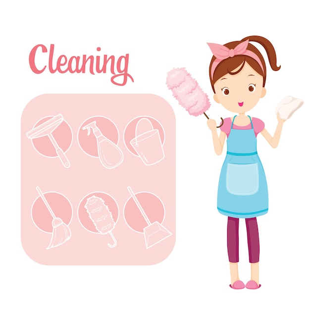 Meisje met huis reinigingsapparatuur en overzicht pictogrammen instellen