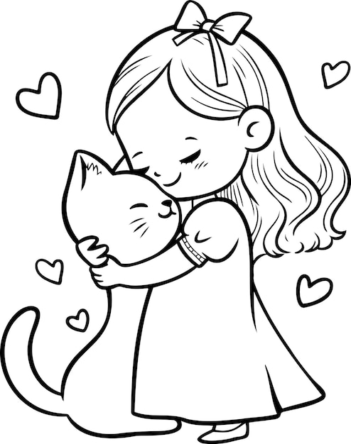 Meisje met kat vectorillustratie Zwart-wit overzicht Meisje met kat kleurboek of pagina voor kinderen