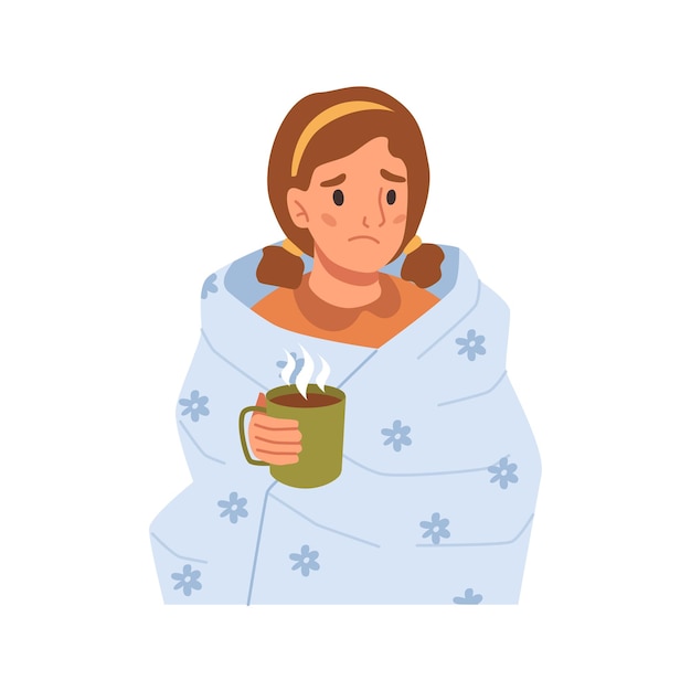 Meisje met koorts in deken die warme drank drinkt, seizoensgriep en ziekteziekten behandeling koude griepsymptomen Vector ziek kind met kopje streaming medische drank medicijn tegen virusgriep