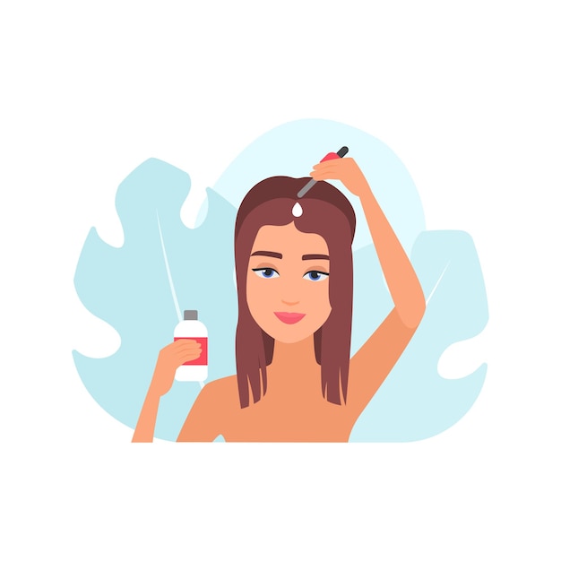 Meisje met lang haar met een fles en een pipet met serumolie of essence voor hoofdhuidverzorging