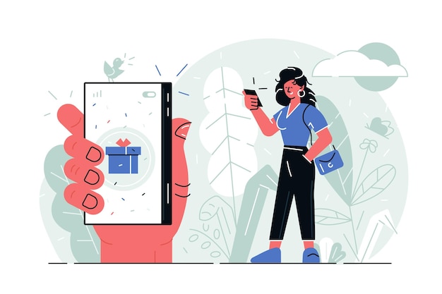 Meisje met moderne smartphone vectorillustratie vrouw in casual kleding kijken naar mobiel scherm en glimlachen vrouwelijke hand met telefoon met geschenkdoos pictogram op display vlakke stijl concept