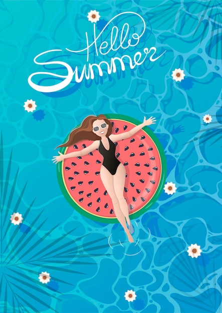 Vector meisje met zonnebril in een zwart zwempak uit één stuk drijft op een watermeloenmatras in een zwembad