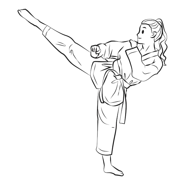 Vector meisje oefenen hoge trap taekwondo martial arts lijntekeningen cartoon afbeelding