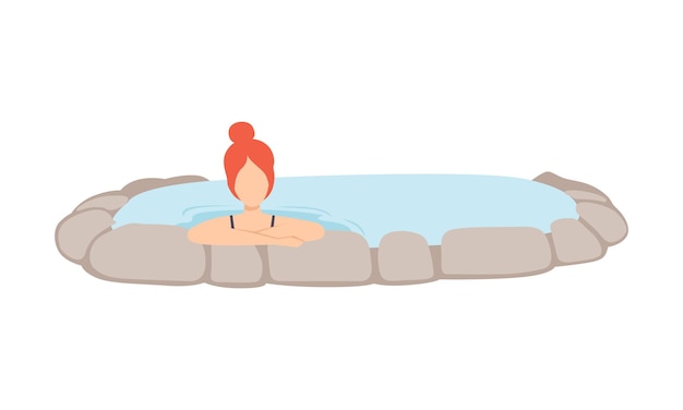 Meisje ontspannen in hete buiten thermische lente jonge vrouw genieten van warm water in bad vector illustratie geïsoleerd op een witte achtergrond