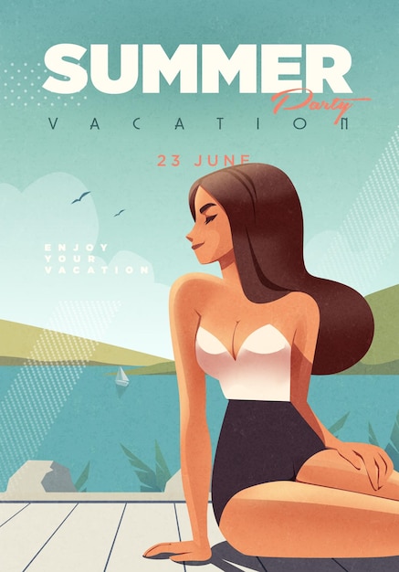 Meisje ontspannen op het strand zomervakantie poster ontwerpsjabloon met sexy vrouw op het strand