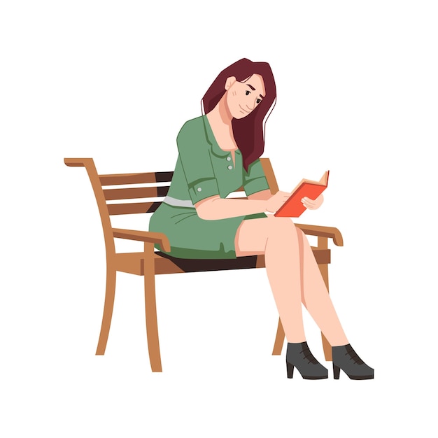 Meisje op bank lezen boek geïsoleerd karakter in platte cartoon stijl vector mooie brunette woman