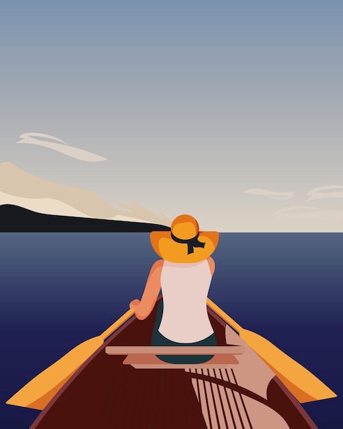 Vector meisje op een boot met roeiriemen in de zee vrouw in een zomerhoed zomerillustratie zeegezicht vakantie