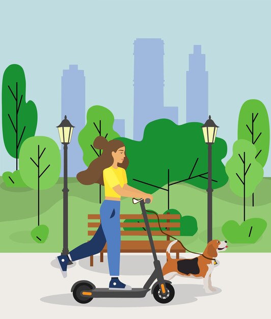 Meisje op een elektrische scooter voor een wandeling in het park met een beagle hond. Modern ecologisch transport.