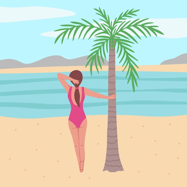 meisje op het strand vrouw houdt vast aan een palmboom kijkt uit naar de zee met de hand getekende illustratie